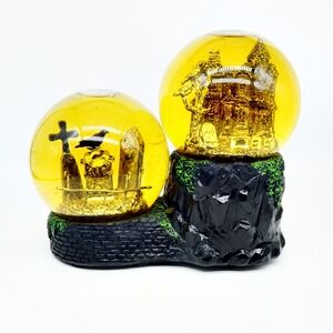 Rare Halloween Musical Double Snow Globe Haunted House Sematary Yellow Black